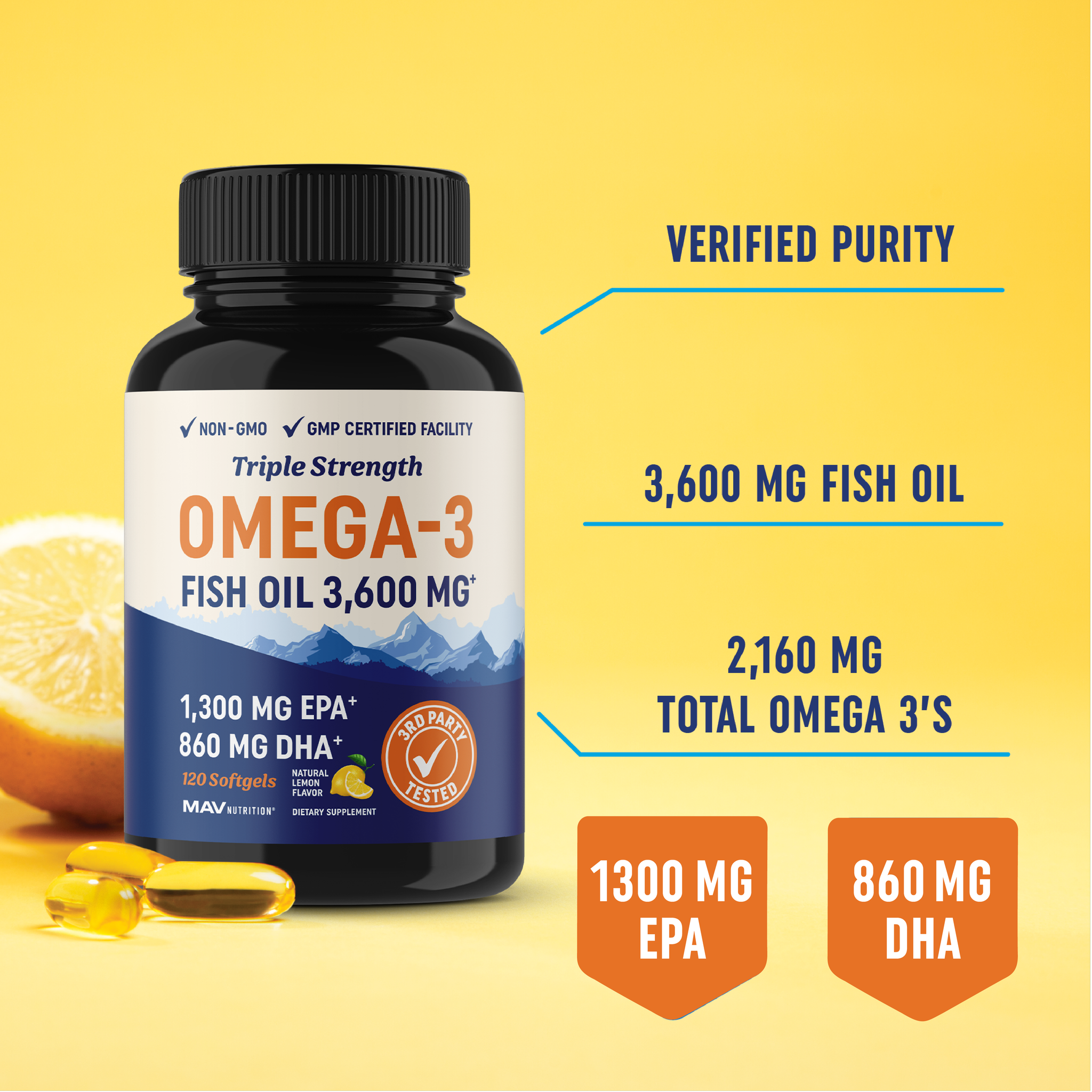 Triple Strength Omega 3 Fish Oil | 3600 mg EPA & DHA | Over 2100mg of Omega-3 Fatty Acids | 1300mg EPA + 860mg DHA | Best Essential Fatty Acids | Premium Burpless Softgel Supplements (120 Ct)